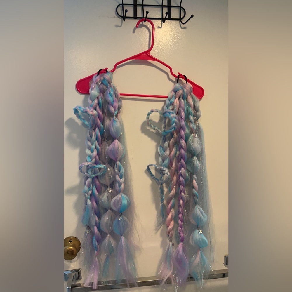 Blue, purple, and pink handmade RAVE Braids